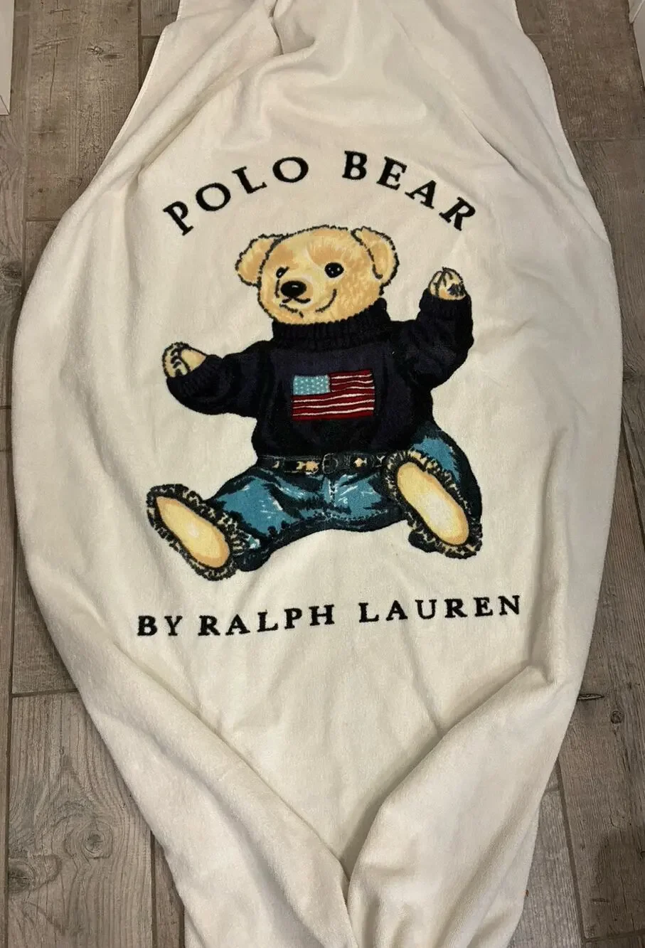 Vintage 90s Ralph Lauren Polo Bear Beach Towel Sitting Bear American Flag 35x64